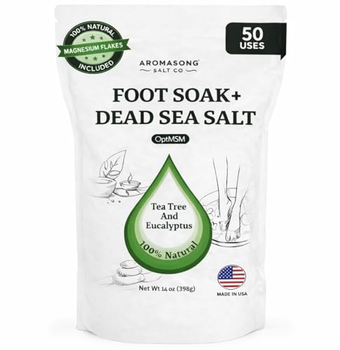Aromasong Tea Tree Foot Soak with Magnesium Flakes & Dead Sea Salt, Natural Tea Tree Oil & Eucalyptus Scent, Foot Soaking Salts for Relaxation, Odor Control & Soft Skin, Packaging May Vary