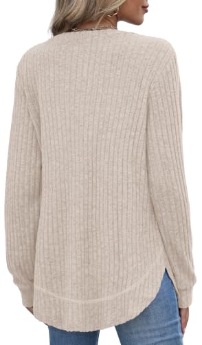 OFEEFAN Womens Sweaters Crew Neck Tunic Tops Long Sleeve Shirts Curved Hem - color: A-khaki, size: Medium