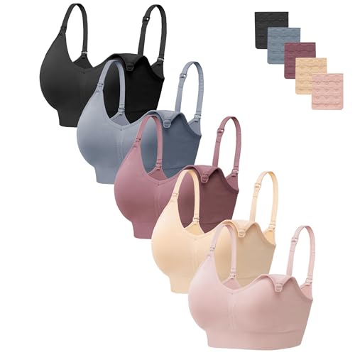 HBselect Women Maternity Bras 5 Pack Nursing Bras for Breastfeeding - color: 5pack(black/Nude/Pink/Dusty Blue/Dusty Pink), size: Medium