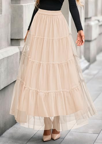 PRETTYGARDEN Women's Fall Soft Tulle Tiered Long Skirt - color: Beige, size: Medium