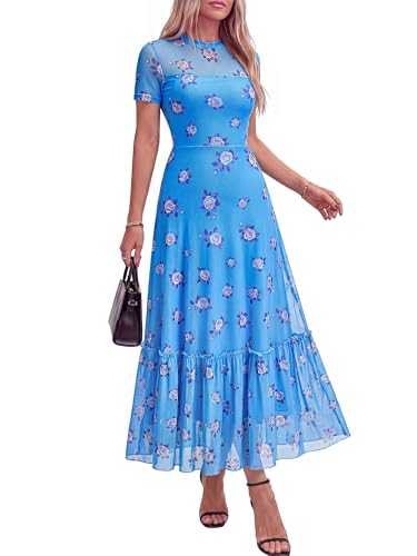 BTFBM Womens Mesh Ruffle Boho Cocktail Dresses - color: Floral Light Blue Purple, size: Medium
