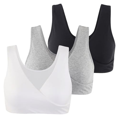 Women's Cotton Wireless Sleep Bra for Nursing and Maternity - color: Black+grey+white, size: Medium