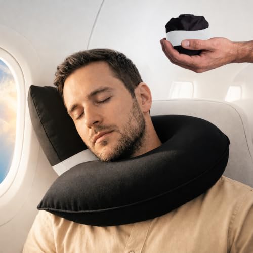 CANDY CANE Inflatable Airplane Travel Pillow, Supports Head, Neck & Chin - color: Black