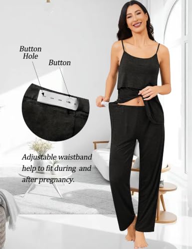 SWOMOG Maternity Nursing Robe Set 3 PCS Postpartum Pajamas Breastfeeding Pregnancy Robe & Camisole & Pants - color: Black Grey, size: Large