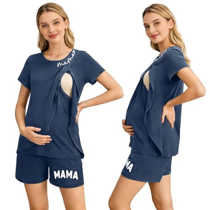 Maternity Nursing 2 Piece Pajama Set Double Layer Breastfeeding Sleepwear - color: A-blue, size: Medium