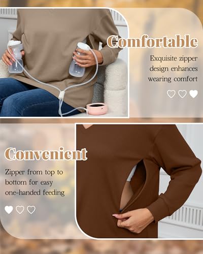 3 Pack Women's Waffle Knit Long Sleeve Nursing Tops - color: Cream, Coffee, Dark Brown, size: Medium