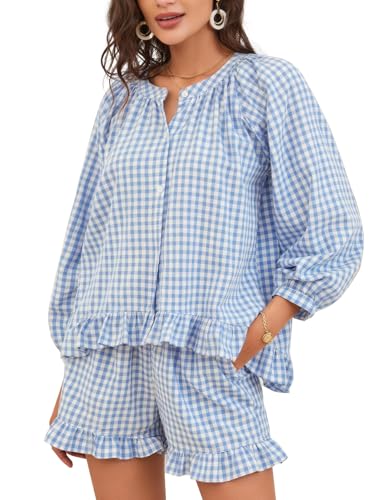 Flygo Womens Gingham 2 Piece Pajama Sets Y2K Cotton Ruffle Short Sets - color: Blue, size: Large