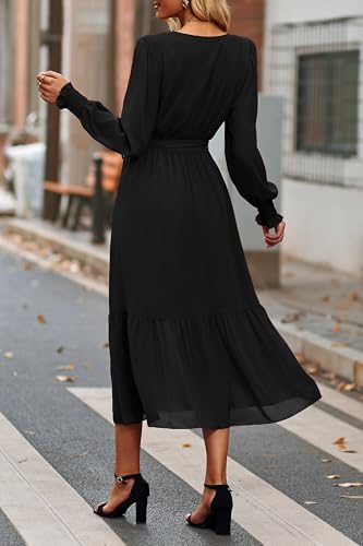 PRETTYGARDEN Womens Long Sleeve Boho Maxi Fall Floral Wedding Guest Dresses - color: Solid Black, size: Medium