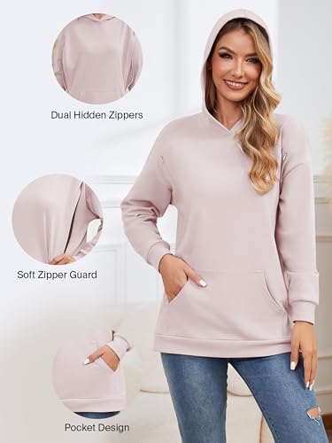 Ecavus Womens Nursing Sweatshirts for Breastfeeding Hidden Zipper Hoodie - color: Pink Ground, size: Medium