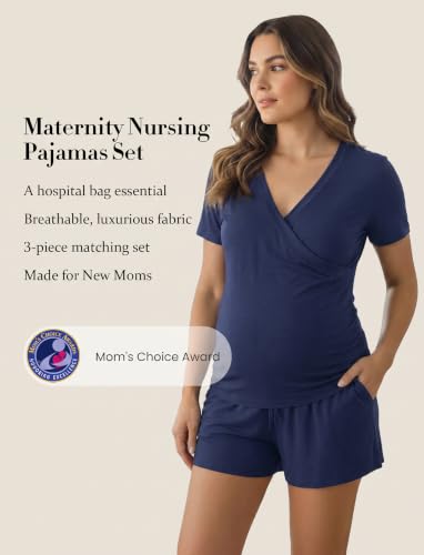 PATPAT 3-Piece Maternity Nursing Pajamas, Womens Lounge Set with Pockets - color: Navy Blue, size: Medium