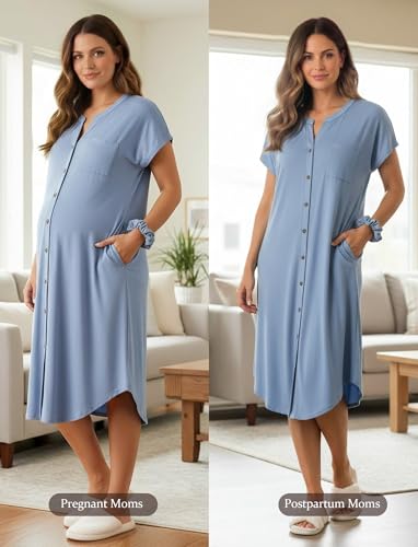 PATPAT Maternity Nursing Dress, Womens Button-Down Midi Dress with Pockets - color: Dusty Blue, size: X-Large