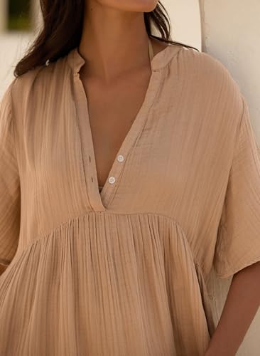 R.Vivimos Womens Summer Cotton Casual Flowy Maxi Dress - color: Light Khaki, size: Medium