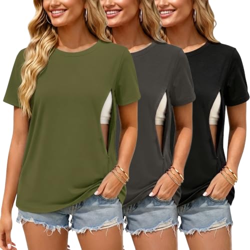 Ecavus 3 Pack Nursing Shirts for Breastfeeding, Hidden Zippers Nursing Tops - color: Black/Charcoal/Heather Green, size: Medium