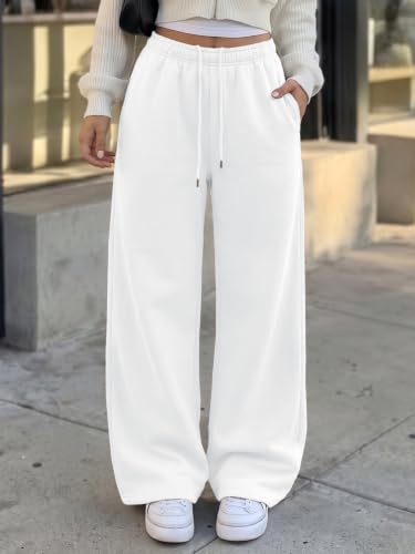 Trendy Queen Womens Wide Leg Fleece Lined Fall Sweatpants - color: White, size: Large