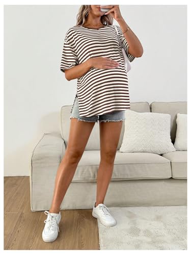 OYOANGLE Women's Striped Short Sleeve Maternity T Shirts Crewneck Split Hem Casual Tee Tops - size: Medium