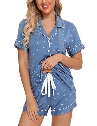Senert Womens Pajamas Sets Soft Button Down Short Sleeve Sleepwear - color: A Lake Blue With Star With Line, size: XX-Large
