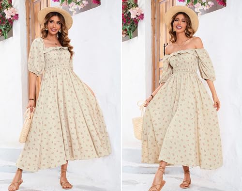 R.Vivimos Women Summer Cotton A Line Flowy Long Dresses - color: Beige#1-floral, size: Medium