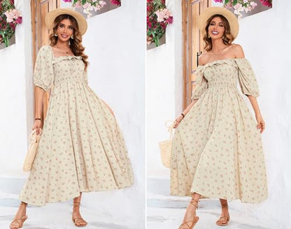 R.Vivimos Women Summer Cotton A Line Flowy Long Dresses - color: Beige#1-floral, size: Medium