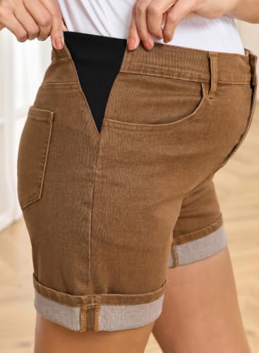 BLENCOT Women's Summer Maternity Jean Shorts Fold Hem Stretchy Denim Pants - color: Brown, size: Medium