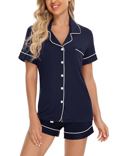 Anjue Womens Pajamas Set Short Sleeve Button Down Soft Pj Sets S-XXL - color: A 1navyblue-p, size: Small