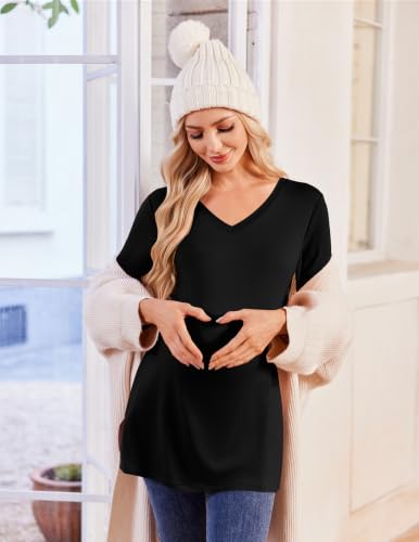 Ekouaer Womens 3 Pack Maternity Shirts Long Sleeve Pregnancy V Neck Clothes - color: Black/Dark Red/Khaki, size: Large