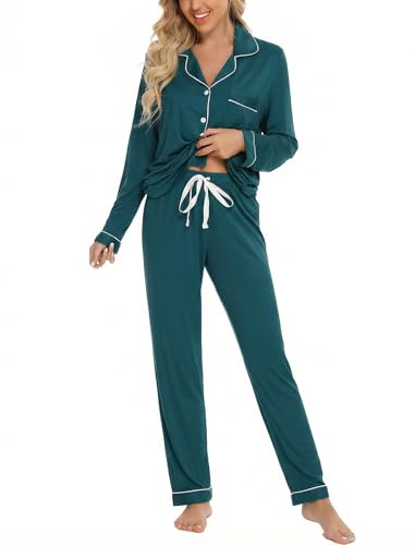 Leikar Button Up Pajamas For Women Long Sleeve Viscose Soft Pjs Lounge - color: Green, size: Small