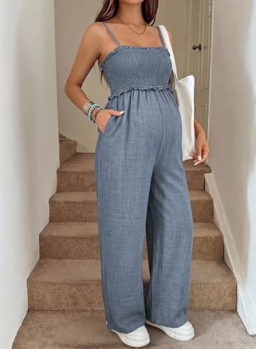 BLENCOT Women's Smocked Maternity Jumpsuit Loose Overalls - color: Grey Blue, size: Medium