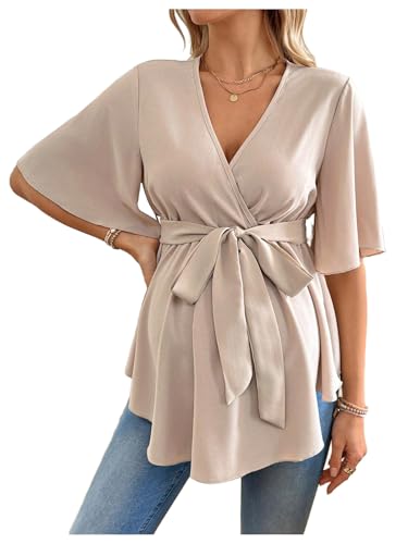MakeMeChic Women's Maternity Nursing Blouse Wrap Belted Pregnancy Shirt - color: Apricot, size: Large