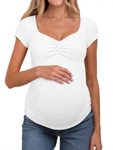 Tankaneo Womens Vneck Maternity Tops Cap Sleeve Fit Ribbed Pregnancy Tshirt - color: White, size: Large