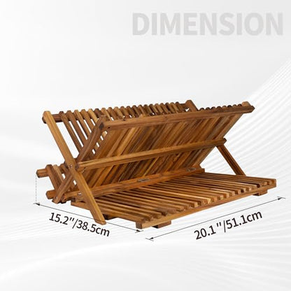 Utoplike Large Teak Dish Drying Rack, Wood Collapsible Organizer for Plates - size: 3 Tier-Large