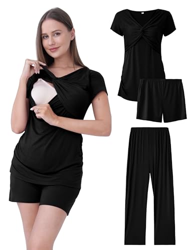 3-Piece Maternity Nursing Pajamas Set for Pregnancy & Postpartum - color: Black, size: Small