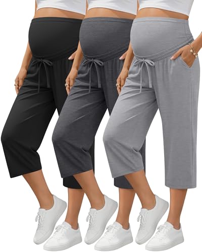 3 Pack Maternity Capri Pants - color: Black, Dark Heather Gray, Light Heather Gray, size: Medium