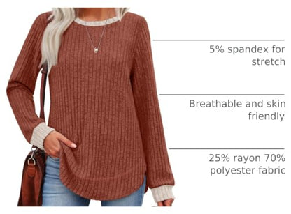 OFEEFAN Womens Sweaters Crew Neck Tunic Tops Long Sleeve Shirts Curved Hem - color: B-caramel Color Block, size: X-Large