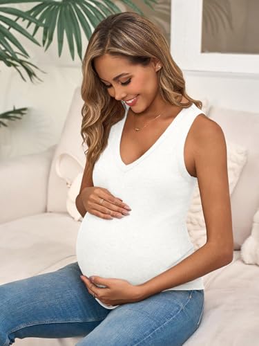 Tankaneo Womens Maternity Tank Tops Sleeveless V Neck Ribbed Knit Shirts - color: White, size: Medium