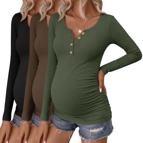 Huukeay 3 Pack Womens Maternity Long Sleeve Shirts - color: Army Green, Coffee, Black, size: Small