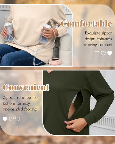 3 Pack Women's Waffle Knit Long Sleeve Nursing Tops - color: Coffee, Cream, Army Green, size: Large