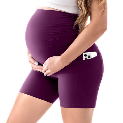 Walifrey Maternity Shorts with Pockets Over the Belly - color: Plum Purple, size: Medium