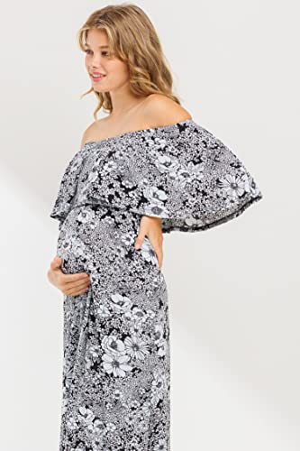My Bump Women's Ruffle Off The Shoulder Maxi Maternity Dress-Made in USA - color: Blue Lbav, size: Large