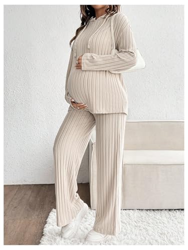 MakeMeChic Women's Maternity 2 Piece Sets Ribbed Knit Hoodie Pants Outfits - color: Apricot, size: X-Large