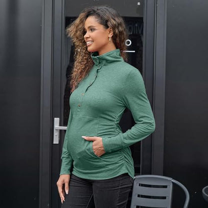 Bhome Maternity Shirt Casual Long Sleeve Half Button Front Lightweight Sweatshirts Slim Fit Pullover Tops with Pockets - color: Green, size: Small