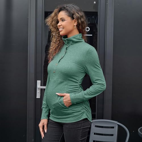 Bhome Maternity Shirt Casual Long Sleeve Half Button Front Lightweight Sweatshirts Slim Fit Pullover Tops with Pockets - color: Green, size: Medium