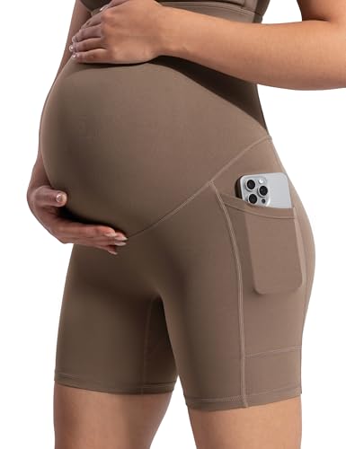 POSHDIVAH Creamluxe Maternity Biker Shorts with Pockets 6"/8" - color: Mocha Mousse, size: Medium