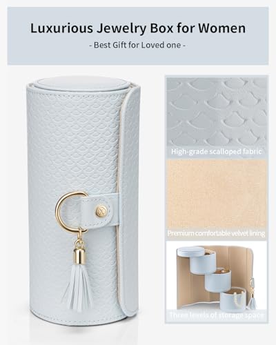 VLANDO Travel Jewelry Organizer, 3 Tier Roll Up Design, Hard Shell Storage - color: Light Blue