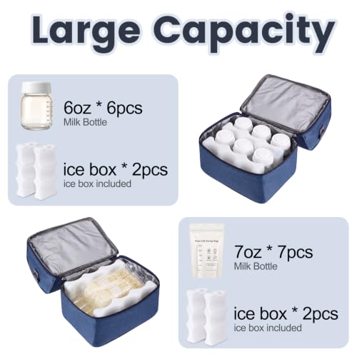 Breast Pump Bag with 2 Ice Packs Insulated Tote with Shoulder Strap - color: Blue