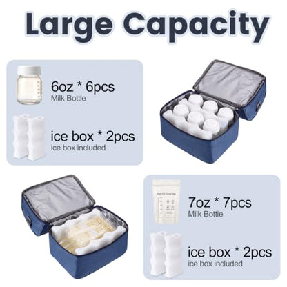 Breast Pump Bag with 2 Ice Packs Insulated Tote with Shoulder Strap - color: Blue