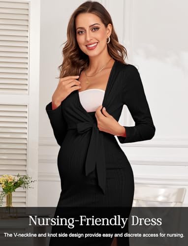 2026 Fall Rib Knit Maternity Nursing Dress Knot Side Long Sleeve V Neck Bodycon Wrap Pregnancy Split Dresses - color: Black, size: XX-Large