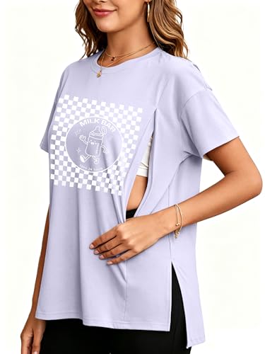 Breastfeeding Shirts for Women Hidden Zippers Nursing Shirt Side Split Tees - color: Purple, size: X-Large