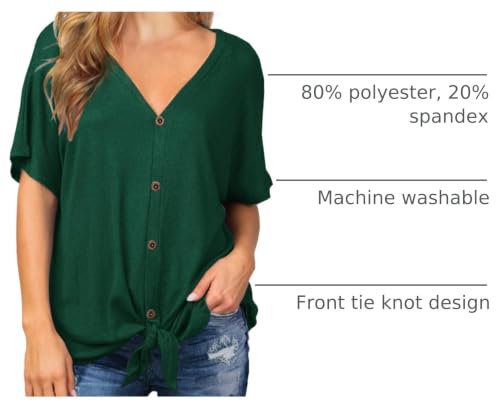 IWOLLENCE Women's Waffle Knit Tunic Blouse Tie Knot Short Sleeve Henley Tops Loose Fitting Bat Wing Shirts - color: C-dark Green, size: XX-Large