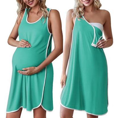 Labor and Delivery Gown Maternity Dress Breastfeeding Nursing Nightgown - color: Cyan, size: Medium