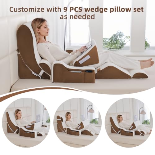 Wedge Pillow Set for After Surgery,White/Dark Brown,9PCS-23.2" - color: White/Dark Brown, size: 9PCS-23.2''